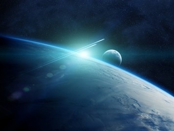 Eine Nahaufnahme der Erde aus dem Weltraum mit einem leuchtenden Stern oder Kometen im Vordergrund.