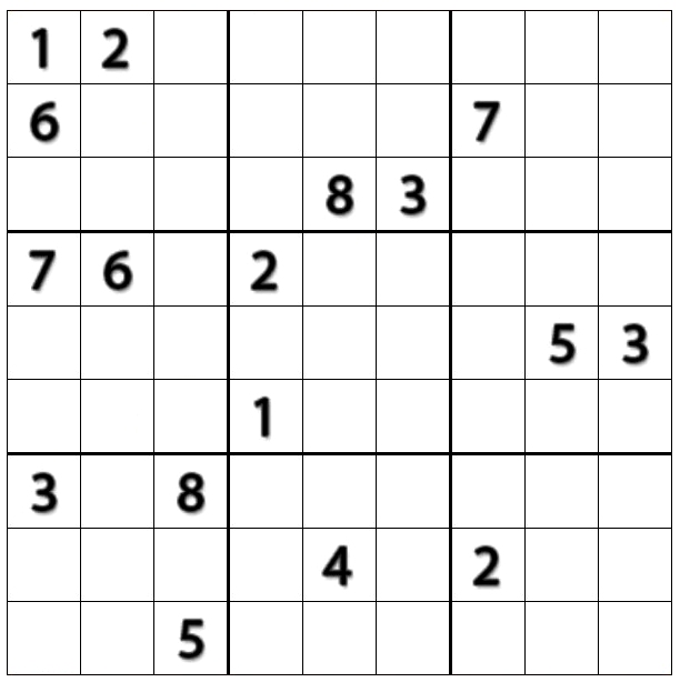 Ein Sudoku-Rätsel mit einer 9x9-Gitterstruktur, in dem einige Zellen bereits mit den Zahlen 1, 2, 3, 4, 5, 6, 7, 8 und 9 besetzt sind.