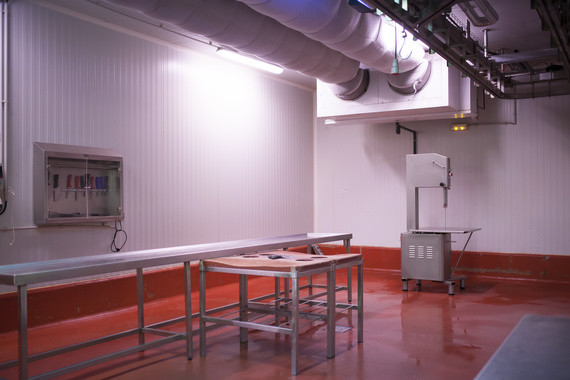 Ein leeres Labor mit Metalltischen, Rohrleitungen an der Decke und technischen Geräten an den Wänden.