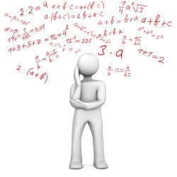Ein Bild mit mathematischen Formeln und Gleichungen, darunter Additionen, Multiplikationen und Wurzeln, sowie eine stilisierte Darstellung einer Person.