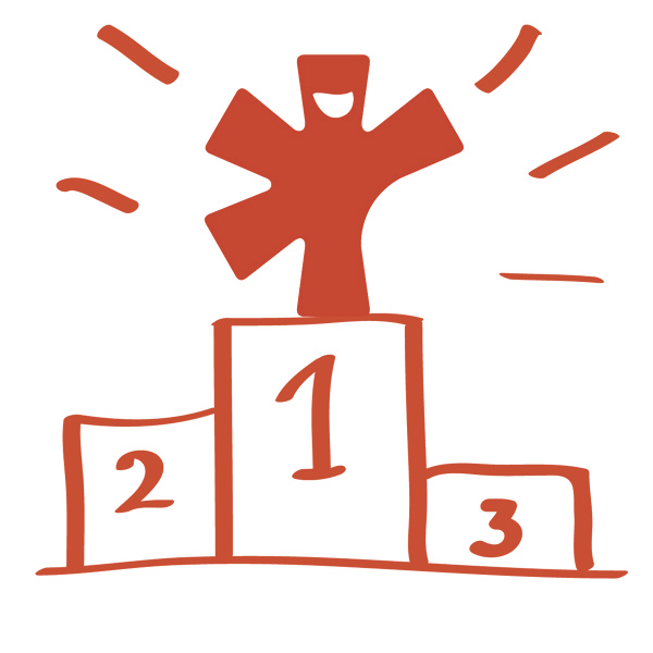 Ein roter Sieger steht auf dem ersten Platz eines Podiums, umgeben von Strahlen, während die Plätze zwei und drei daneben markiert sind.