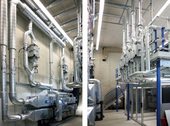 Zwei nebeneinander angeordnete Aufnahmen von technischen Räumen mit Rohrleitungen, Geräten und Beleuchtung.