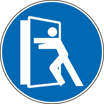 Ein blauer Kreis mit weißem Rand zeigt eine stilisierte Person, die durch eine Tür geht, symbolisierend einen Zugang oder Eingang.