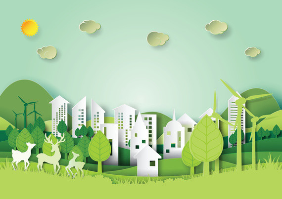 Eine stilisierte, grüne Stadtlandschaft mit Gebäuden, Bäumen, Windkraftanlagen, Tieren und einer sonnigen, wolkenigen Himmelsszene.