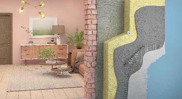 Ein modern eingerichtetes Wohnzimmer mit einem Holzschrank, einem Sofa, einer Pflanze und einer Wand, die verschiedene Isoliermaterialien zeigt.