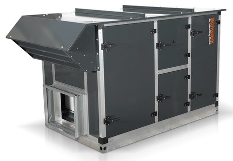 Ein industrielles Luftfilter- oder Lüftungsgerät mit grauen Türen und einem offenen Eingang.