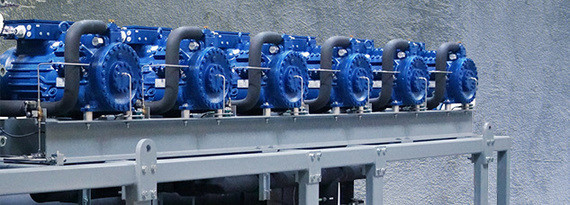 Ein Bild von einer Reihe blauer Pumpen, die auf einer Metallkonstruktion montiert sind.