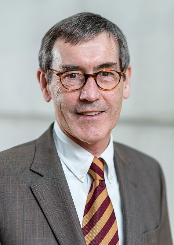 Ein Mann im Anzug mit Krawatte und Brille steht vor einem neutralen Hintergrund.