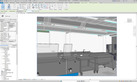 Eine 3D-Modellansicht eines Arbeitsbereichs mit Schränken, Arbeitsplatten und technischen Installationen.