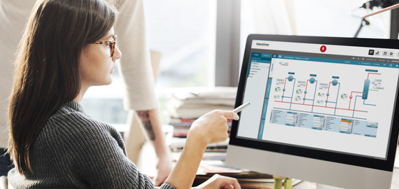 Eine Person sitzt an einem Schreibtisch und zeigt auf einen Computerbildschirm, auf dem ein Diagramm oder Workflow-Plan zu sehen ist.