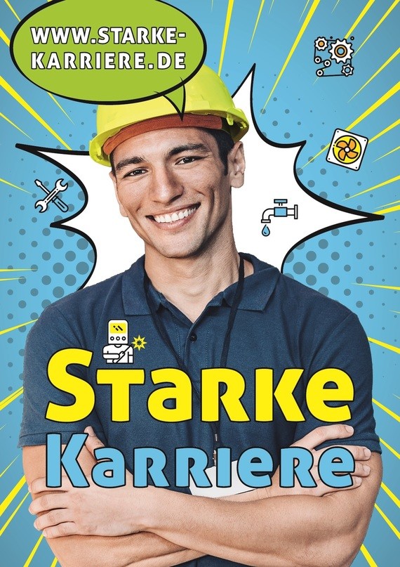 Ein junger Mann mit Helm steht lächelnd mit verschränkten Armen, umgeben von Symbolen und dem Text 