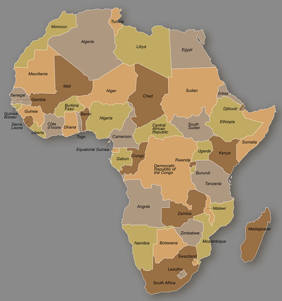 Eine Karte Afrikas mit farblich hervorgehobenen Ländern und Beschriftungen.