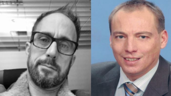 Das Bild zeigt zwei Porträts nebeneinander: links ein Mann mit Brille und Bart, rechts ein Mann im Anzug mit Krawatte.