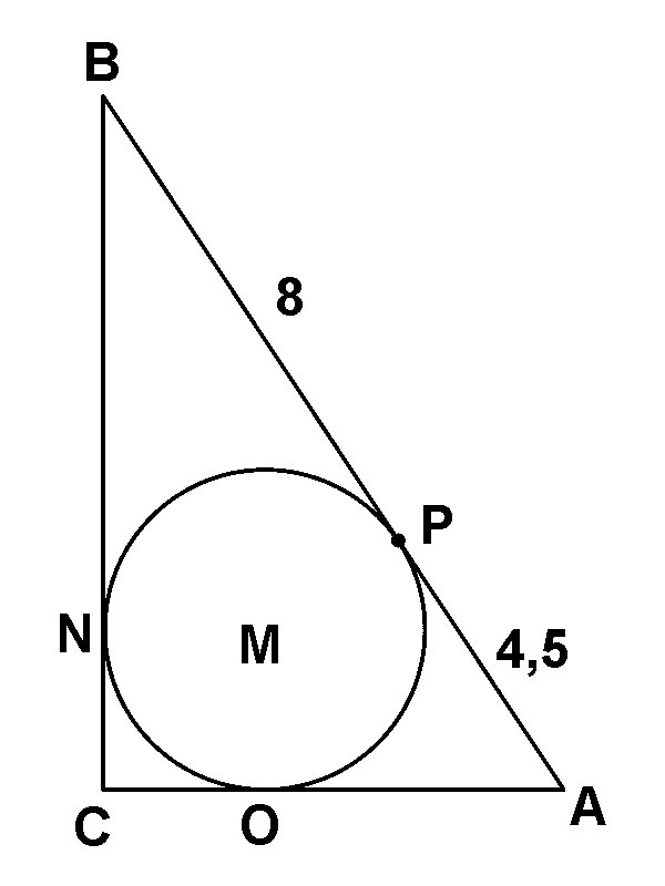 Ein rechtwinkliges Dreieck mit einem Kreis, dessen Mittelpunkt O ist, und Punkten A, B, C sowie P auf der Dreiecksseite. Die Länge von BC ist 8, und die Länge von AP ist 4,5.