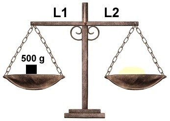 Eine Waage mit zwei Armen (L1 und L2) zeigt eine Seite mit einem 500-g-Gewicht und die andere Seite leer.