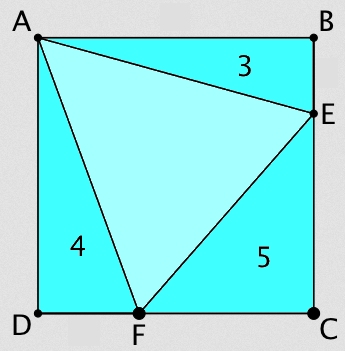 Ein Dreieck mit den Ecken A, B, C und D, das innerhalb eines Quadrats liegt, mit den Längen 3, 4 und 5 auf den Dreiecksseiten.