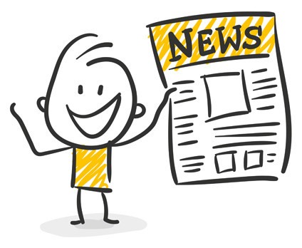 Ein lächelnder Cartoon-Charakter hält eine Zeitung mit dem Titel 