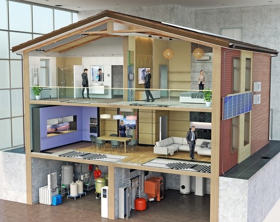 Eine 3D-Darstellung eines modernen Hauses mit offener Wohnküche, Wohnzimmer, Schlafzimmer und Dachterrasse.