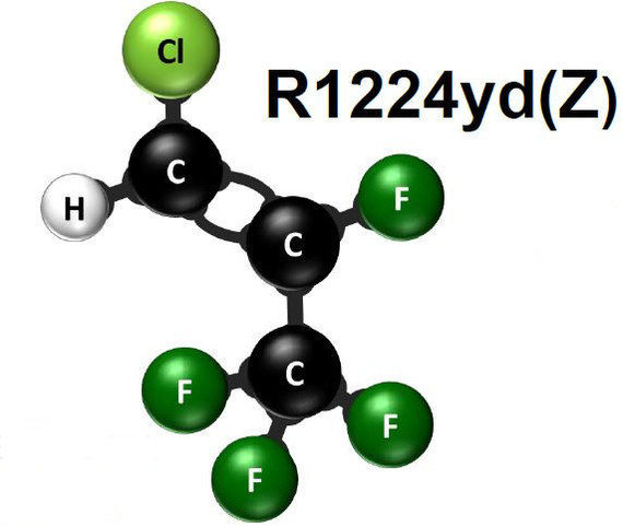 Eine chemische Strukturformel von R1224yd(Z), bestehend aus einem Kohlenstoffatom mit Bindungen zu Chlor, Wasserstoff und vier Fluoratomen.