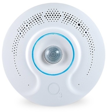 Ein weißer runder Rauchmelder mit einem blauen Ring und einem zentralen Sensor.