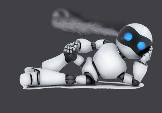 Ein animierter Roboter mit blauen Augen liegt auf dem Boden und raucht eine Zigarette.