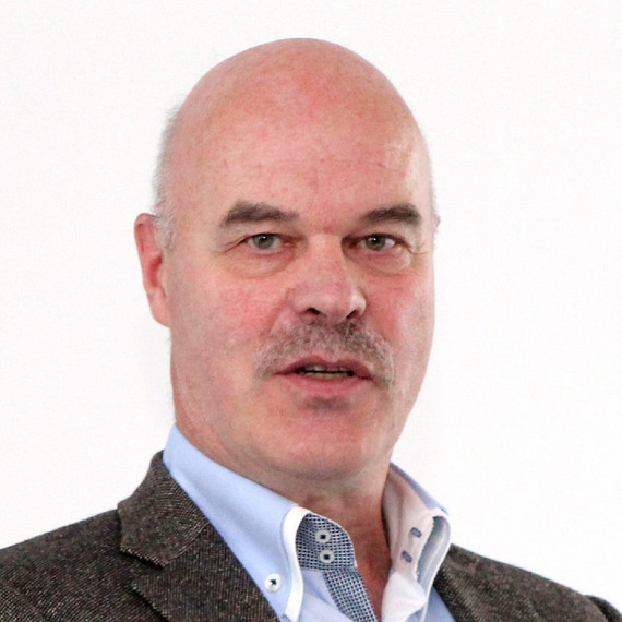 Ein Mann mit dunklem Haar und Bart trägt ein Hemd, Krawatte und einen Tweed-Anzug, vor einem weißen Hintergrund.