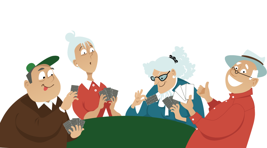 Vier ältere Menschen sitzen um einen Tisch und spielen gemeinsam Karten.