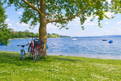 Zwei Fahrräder lehnen an einem Baum am Ufer eines Sees, im Hintergrund sind Boote und grüne Bäume zu sehen.