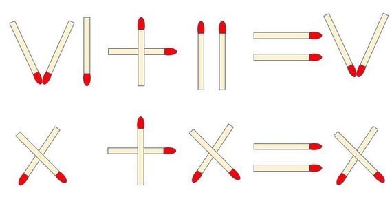 Ein Bild zeigt mathematische Gleichungen mit Streichhölzern, die die Symbole für Plus (+), Minus (−), Gleichheit (=), und Multiplikation (×) darstellen.