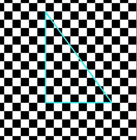 Ein rechtwinkliges Dreieck mit blauen Linien auf einem schwarz-weißen Schachbrettmuster.