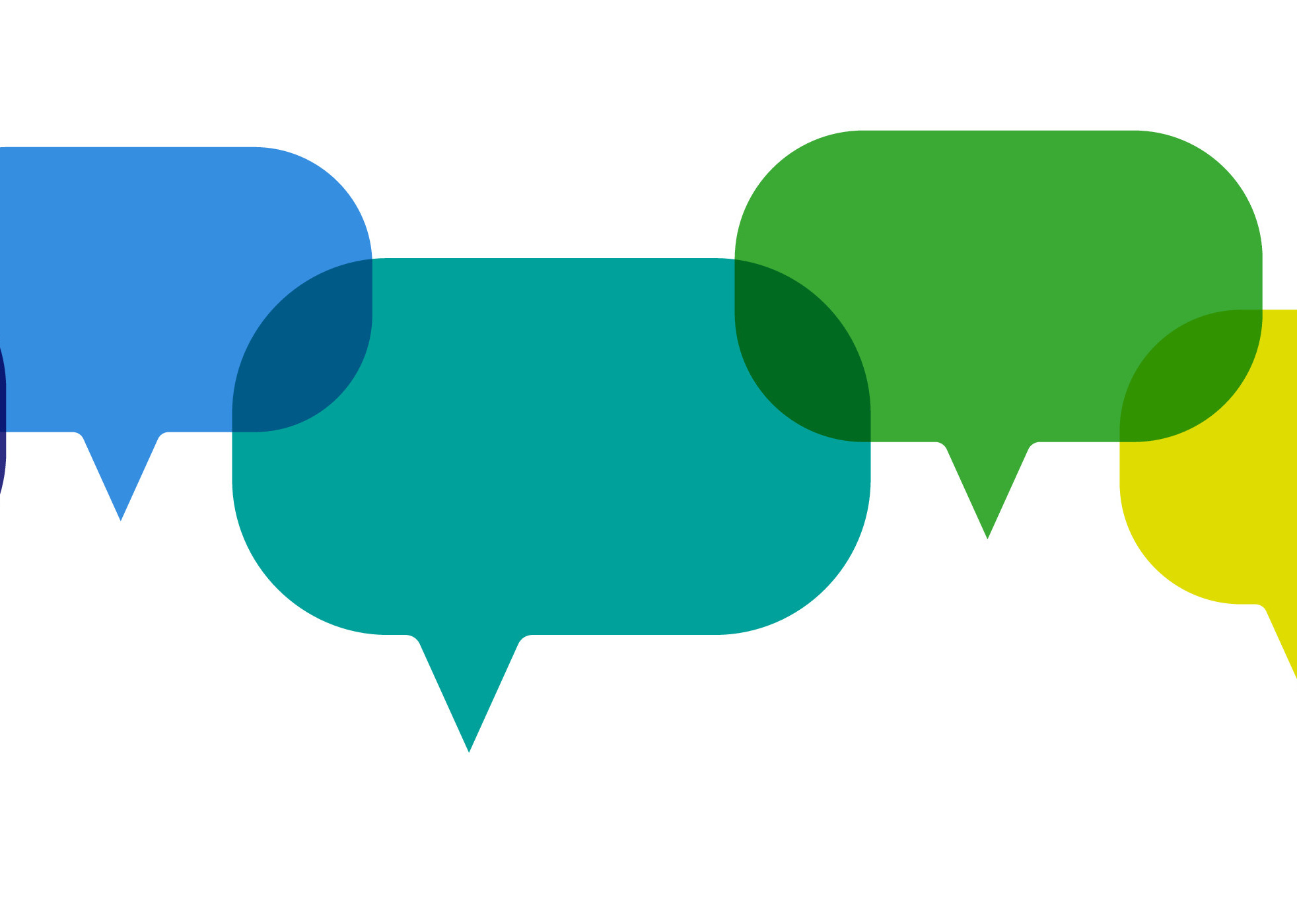 Vier farbige Sprechblasen in Blau, Grün, Türkis und Gelb, die nebeneinander angeordnet sind.
