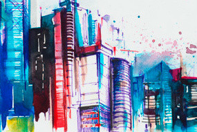 Abstraktes Kunstwerk mit bunten Farbspritzern und stilisierten Gebäuden, die eine städtische Skyline darstellen.