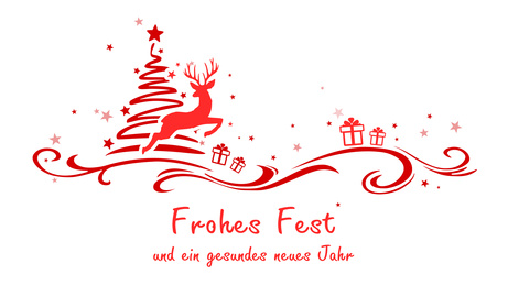 Ein rotes Weihnachtsmotiv mit Tannenbaum, Rentier und Schneeflocken sowie dem Text 