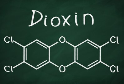 Das Bild zeigt eine chemische Strukturformel von Dioxin mit der chemischen Bezeichnung und Chloratome an den Ringpositionen.