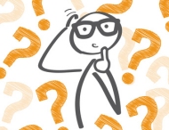 Ein stilisiertes Cartoon-Bild einer Person mit Brille, die nachdenklich aussieht, umgeben von Fragezeichen.