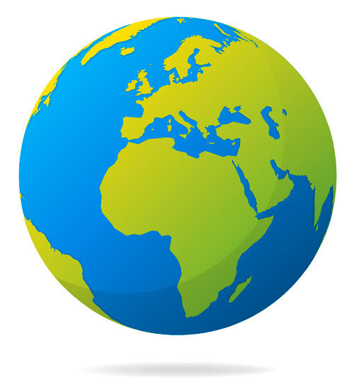 Ein stilisiertes Symbol der Erde mit grünen Kontinenten und blauen Ozeanen.