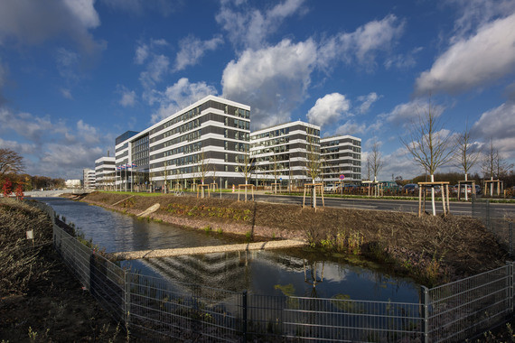 Moderne Bürogebäude mit reflektierenden Fenstern stehen am Ufer eines Gewässers unter blauem Himmel.