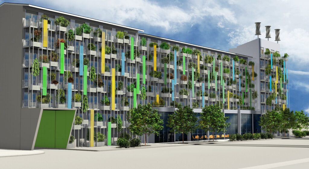 Beispiel für ein klimaneutrales Gebäude: Das Studierendenwohnhaus „Stage76“ in Bruchsal ist mit einem innovativen Energiespeicher ausgestattet, der die Bewohner mit Wärme und Strom versorgt. (Abb. © artbox/Bruchsal)