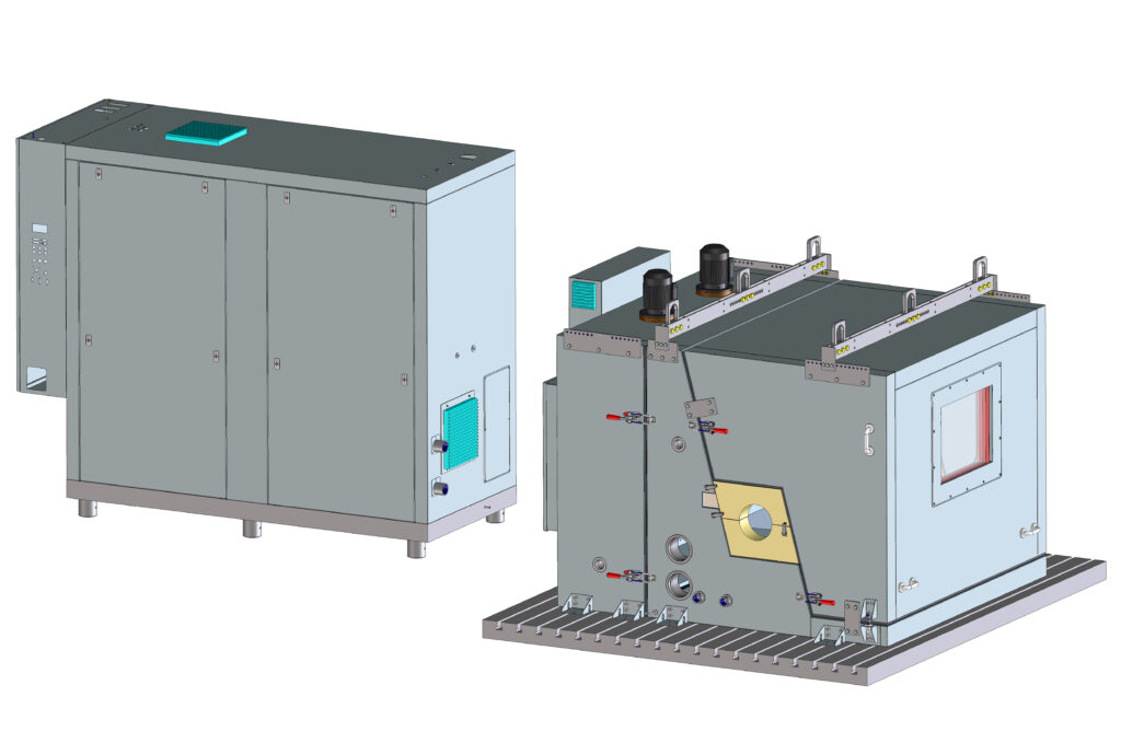 Die neue standardisierte Anlage von Weiss Technik setzt sich zusammen aus der Prüfkammer mit aufgesetzter Klimatisierungseinheit (rechts) und der externen Maschineneinheit (links). (Abb. © Weiss Technik GmbH)