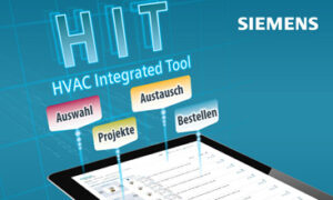 Ein Tablet zeigt das Siemens HVAC Integrated Tool (HIT) mit Optionen für Auswahl, Austausch, Projekte und Bestellen.