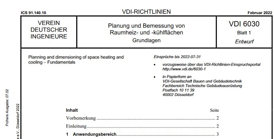 Im Februar ist ein Entwurf zur VDI 6030 Blatt 1 "Planung und Bemessung von Raumheiz- und -kühlflächen" erschienen. (Abb. © VDI)