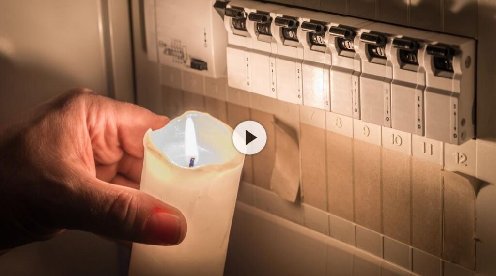 Der Beitrag beginnt mit einer Kerze vor dem Sicherungskasten: Alle Sicherungen sind auf „ON“, aber es gibt keinen Strom – Blackout. (Abb. © ZDF)