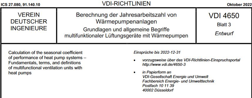 Der neu erstellte Entwurf der VDI 4650 Blatt 3 enthält einen Leitfaden zur Berechnung der Jahresarbeitszahl von multifunktionalen Lüftungsgeräten mit Wärmepumpen, die Außen-, Abluft oder Umluft als Wärmequelle nutzen. (Abb. © VDI)