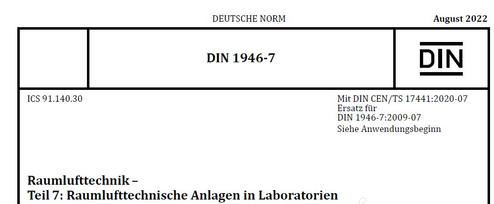Titelseite der DIN 1946 Teil 7 "RLT-Anlagen für Laboratorien". (Abb. © Beuth)