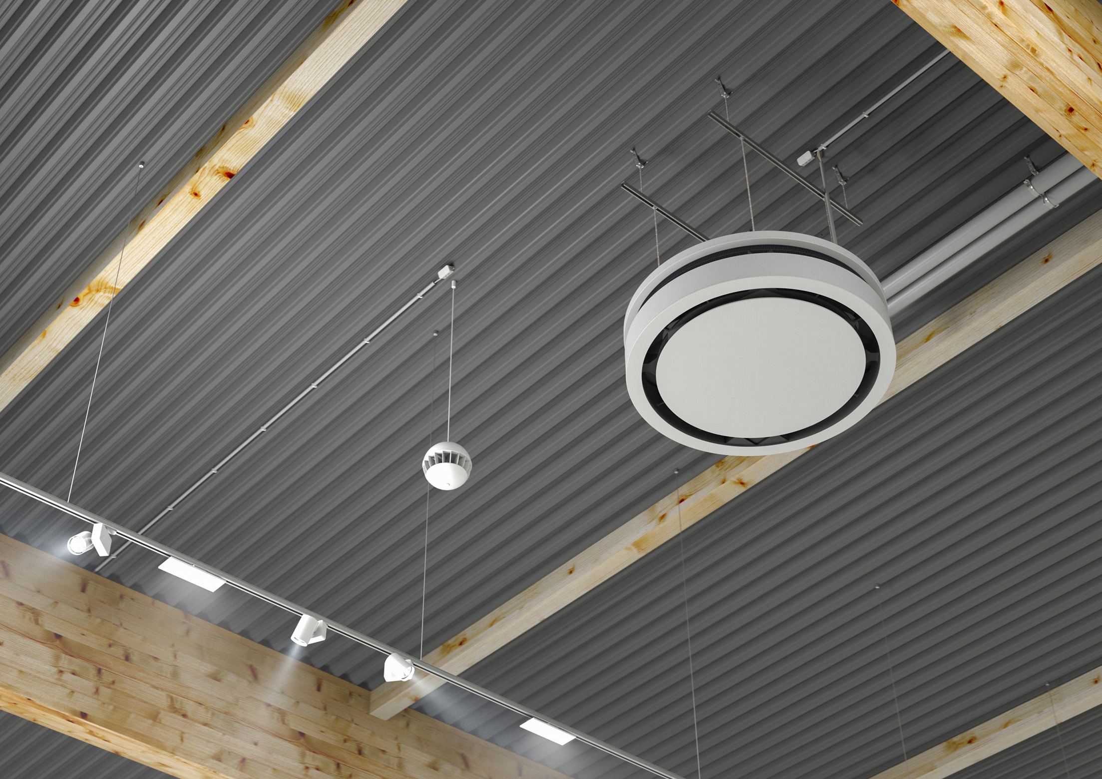 Ein modernes Deckenlicht hängt von einer industriell gestalteten Decke mit sichtbaren Holzbalken.