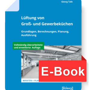 Buchcover mit dem Titel "Lüftung von Groß- und Gewerbeküchen" von Georg Tale, das als E-Book angeboten wird.
