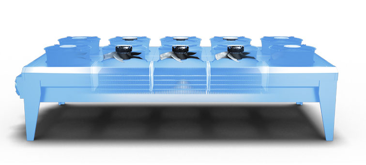 Abbildung 6: Beispiel für den Einsatz eines unvollständigen Axialventilators: Der Verflüssigerhersteller montiert unvollständige Axialventilatoren (schwarz) in sein Gerät. Die Wandringhalterungen (mit Düse) des Ventilators werden in die Anwendung integriert oder vom Verflüssigerhersteller montiert (blau). Dadurch vervollständigt der Verflüssigerhersteller den Ventilator und wird somit zum Ventilatorhersteller. (Abb. © ebm-papst)