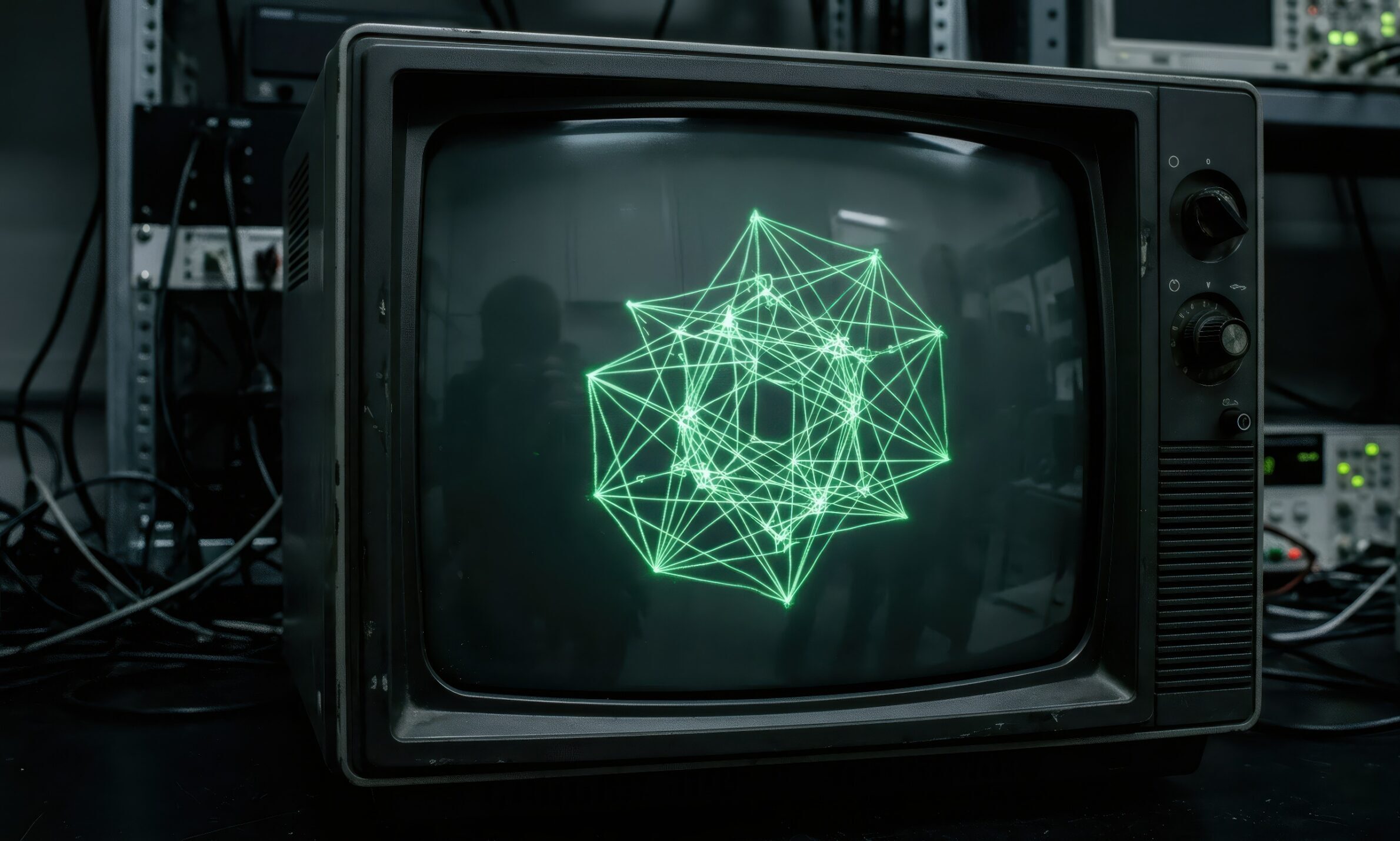 Green geometric wireframe shape on screen of vintage analog television. Concept of retro signal, digital data visualization, network connection, tech experiment and science lab research.