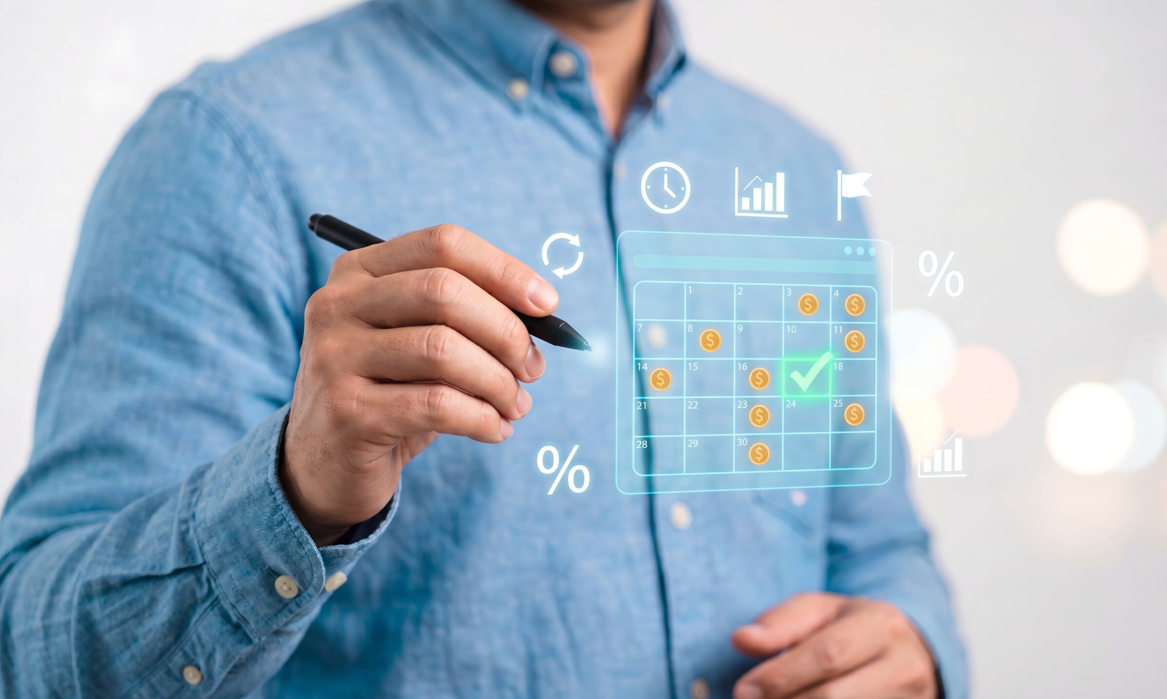 Payment schedule and recurring billing concept, man holding pen at virtual calendar with dollar coins on due dates, checkmark, clock, percent and chart, subscription plan and installment tracking