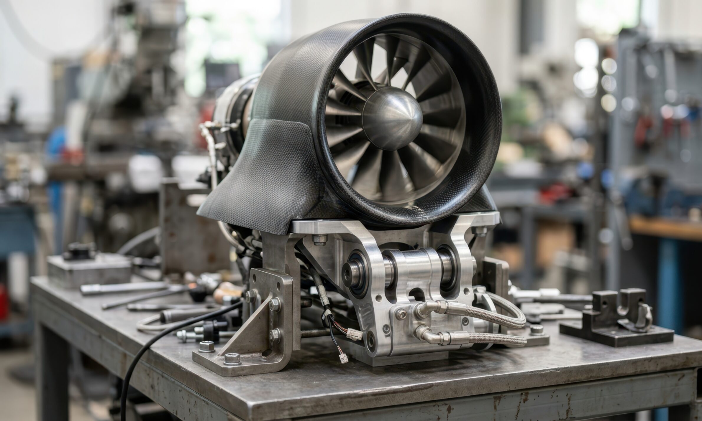 ducted fan assembly with thrust hinge and composite fairing on a test bench